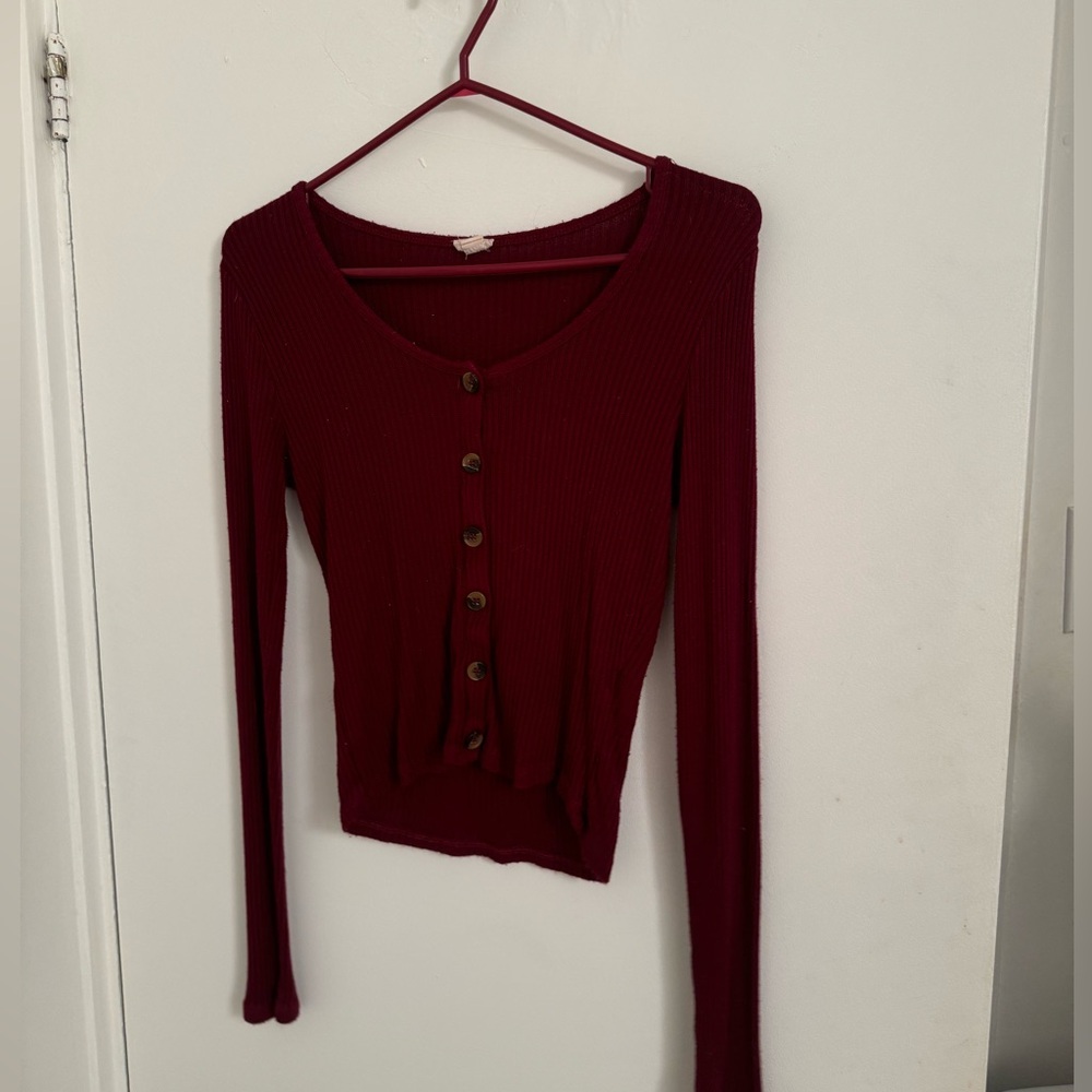 Garage Long Sleeves Burgundy Crop Top